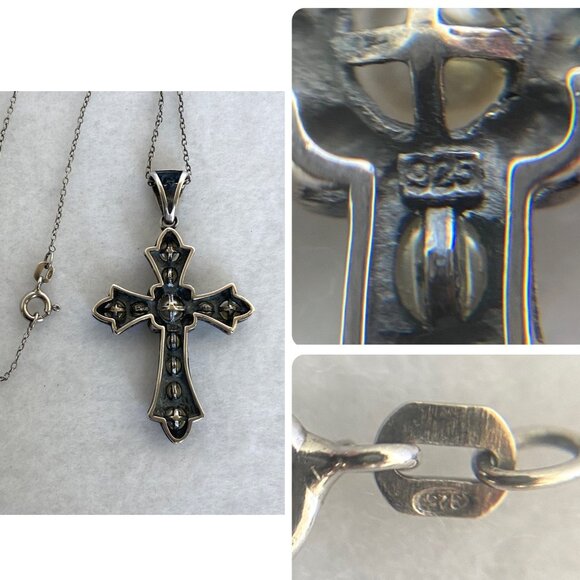 Oxidized Sterling Silver 925 Pearl Marcasite Cross Pendant Necklace 19.5" Chain - Picture 10 of 16